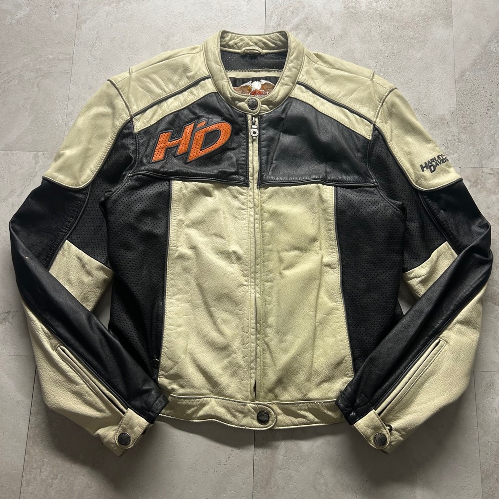 Harley Davidson Leather Motorcycle Jacket Cream Black Womens Medium HD Logo